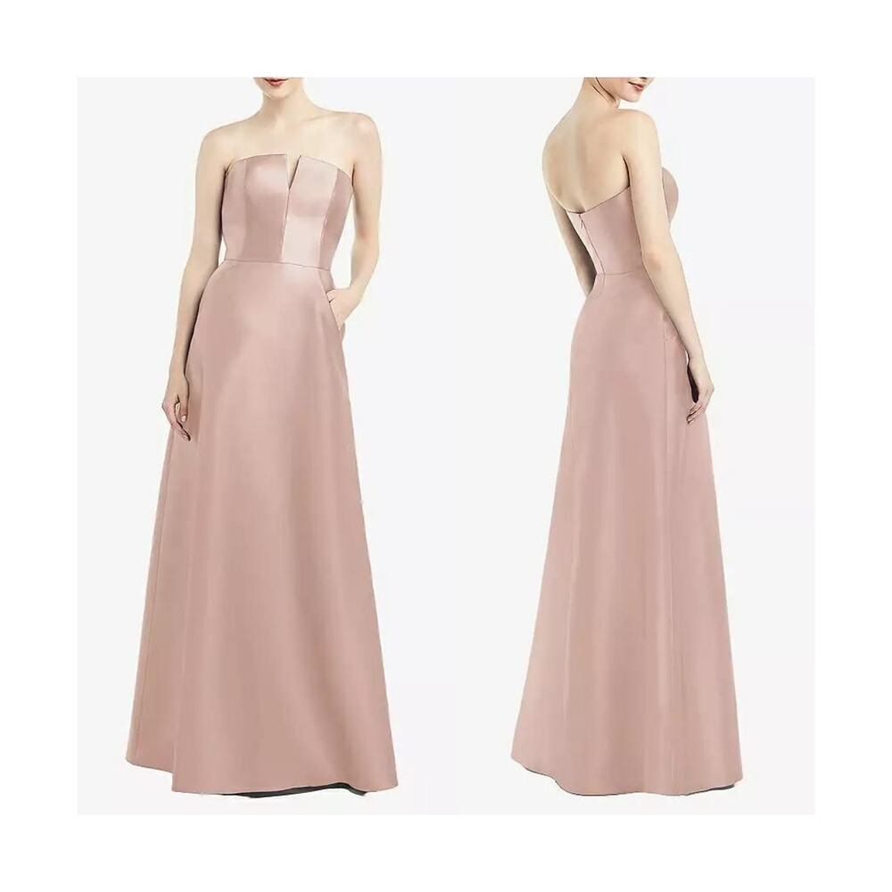 Alfred Sung Toasted Sugar NEW Strapless Notch Satin Bridesmaid Gown Pockets